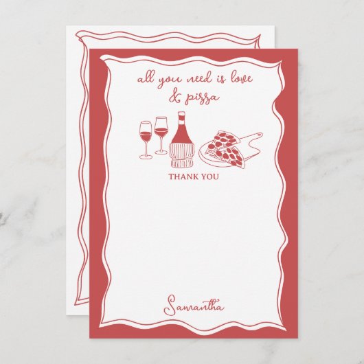 手描きのイタリアンピザとワインのブライダルシャワー サンキューカード (正面/裏面)