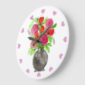 手描きのインクドールピンク&赤水カラーフローラ ラージ壁時計 (傾斜)