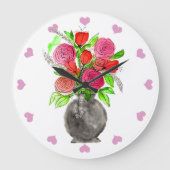 手描きのインクドールピンク&赤水カラーフローラ ラージ壁時計 (正面)