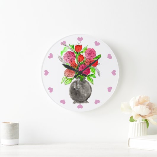 手描きのインクドールピンク&赤水カラーフローラ ラージ壁時計 (ホーム)