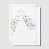 手描きのウェディングドレスと花のブライダルシャワー ベラム紙招待状 (オフセット)