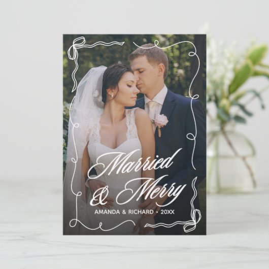 手描きのウェーブボウフレーム 結婚 おめでとう 新婚 フォト シーズンカード (スタンド正面)