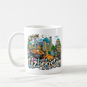 手描きのウズベキスタン旅行アートのランドマーク コーヒーマグカップ