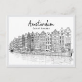 手描きのオランダ・アムステルダムの水路沿いの家々 ポストカード (正面)