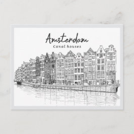 手描きのオランダ・アムステルダムの水路沿いの家々 ポストカード