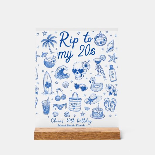 手描きのオーシャンブルーの20代の誕生日 アクリルサイン (正面)