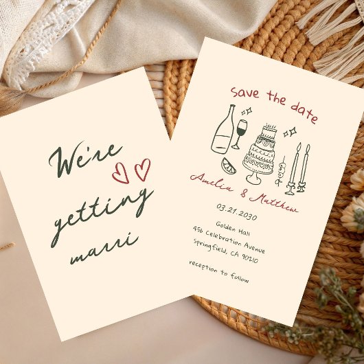 手描きのカップルグラス ドゥードル 遊び心のある結婚式  招待状