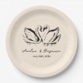 手描きのカップルスワン ウェディング ペーパープレート (正面)