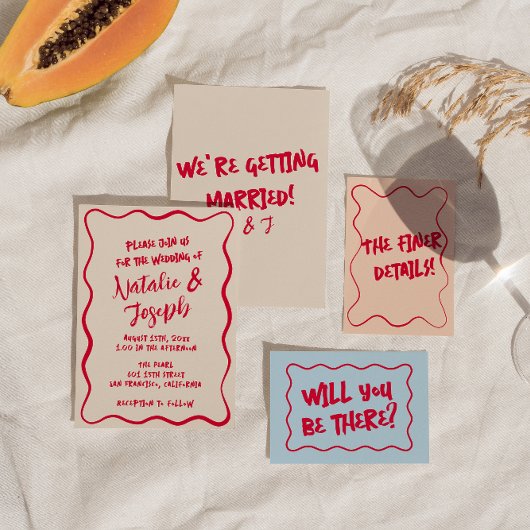 手描きのカラフルで遊び心あふれるレトロで大胆な結婚式 招待状