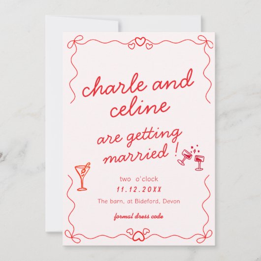 手描きのカラフルな結婚式テンプレート 招待状 (正面)