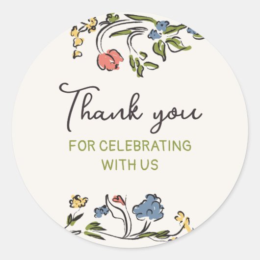 手描きのカラフルな花の「ありがとう」 ラウンドシール (正面)