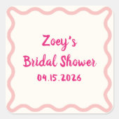手描きのキュートなピンクのウェーブボーダー ブライダルシャワー スクエアシール (正面)