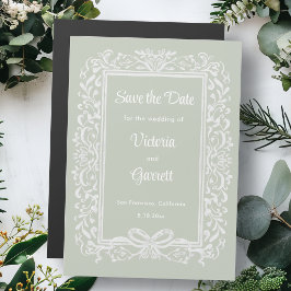 手描きのクラシカルなリボン付きセージグリーンの背景のSave the Date