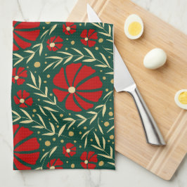 手描きのクリスマスの赤い花と葉 キッチンタオル