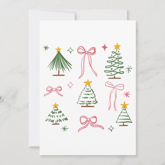 手描きのクリスマスツリーとリボンの可愛いパターン 招待状 (正面)