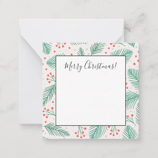 手描きのクリスマスツリーの松の枝 緑 赤 白 ノートカード (正面)