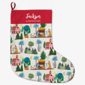 手描きのクリスマス降誕の場面 エクリュ ラージクリスマスストッキング (正面)