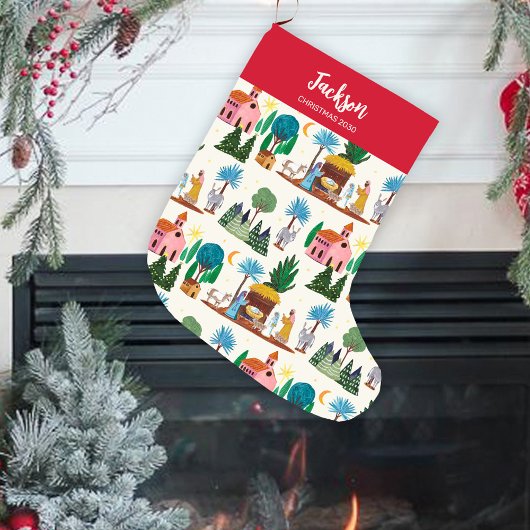 手描きのクリスマス降誕の場面 エクリュ ラージクリスマスストッキング