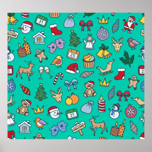 手描きのクリスマス:お祭りシームレスパターン ポスター (正面)