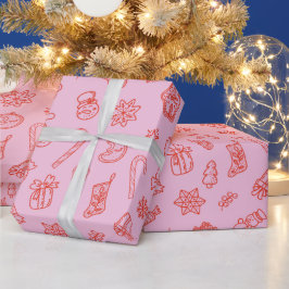 手描きのクリスマス ピンクと赤の包装紙 ラッピングペーパー