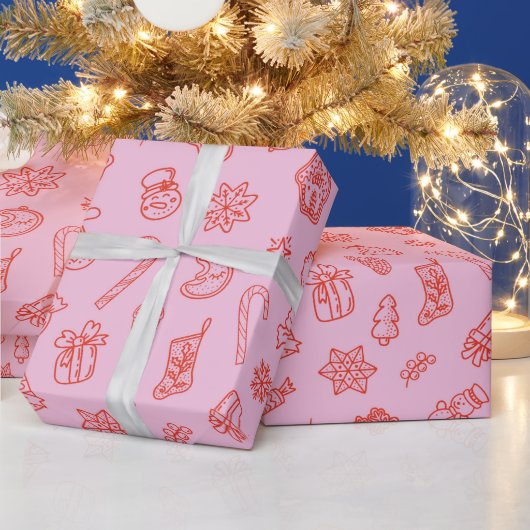 手描きのクリスマス ピンクと赤の包装紙 ラッピングペーパー (クリスマス)