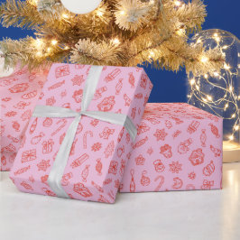 手描きのクリスマス ピンクと赤の包装紙 ラッピングペーパー