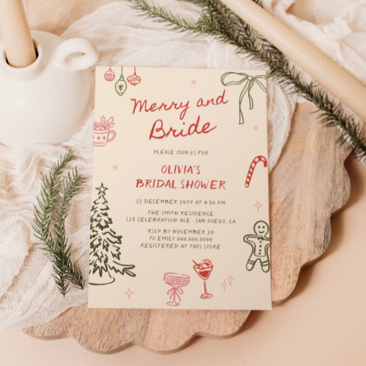 手描きのクリスマス ブライダルシャワー「Merry and Bride」 招待状