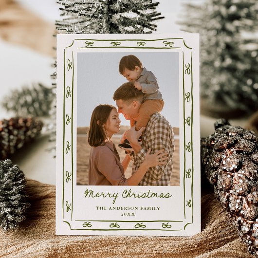 手描きのグリーンボウフレームの写真2枚 クリスマスカード