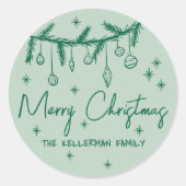 手描きのグリーン メリークリスマス ラウンドシール (正面)