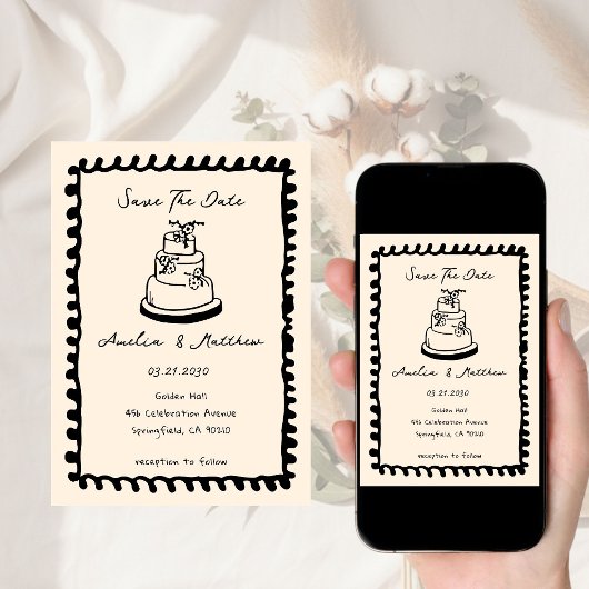 手描きのケーキドゥードル おとぎ話のようなウェディング 招待状