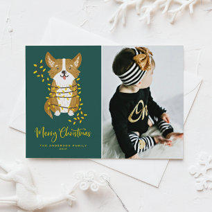 手描きのコーギーとクリスマスイルミネーション 愛犬の写真入りクリスマスカード シーズンカード