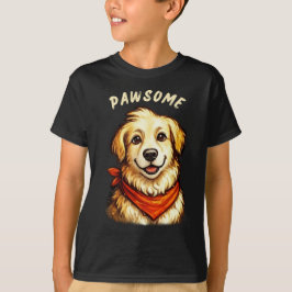手描きのゴールデンドッグのキッズTシャツ PAWSOME Tシャツ