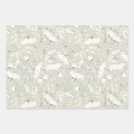 手描きのゴールド ワイルドフラワースケッチパターン エレガント ラッピングペーパーシート (正面3)