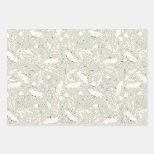 手描きのゴールド ワイルドフラワースケッチパターン エレガント ラッピングペーパーシート (正面2)