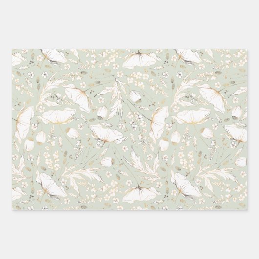 手描きのゴールド ワイルドフラワースケッチパターン エレガント ラッピングペーパーシート (正面)