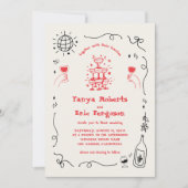 手描きのシャンパンコクテルのお洒落な結婚式 招待状 (正面)