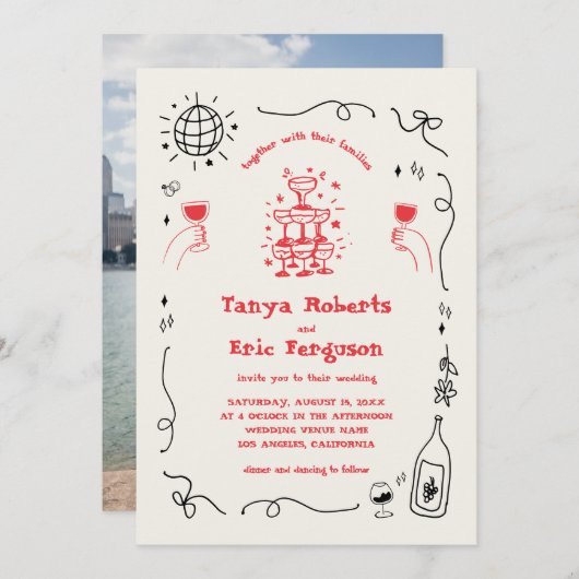 手描きのシャンパンコクテルのお洒落な結婚式 招待状 (正面/裏面)