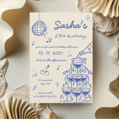 手描きのシャンパンタワー　お誕生日おめでとう　青 招待状