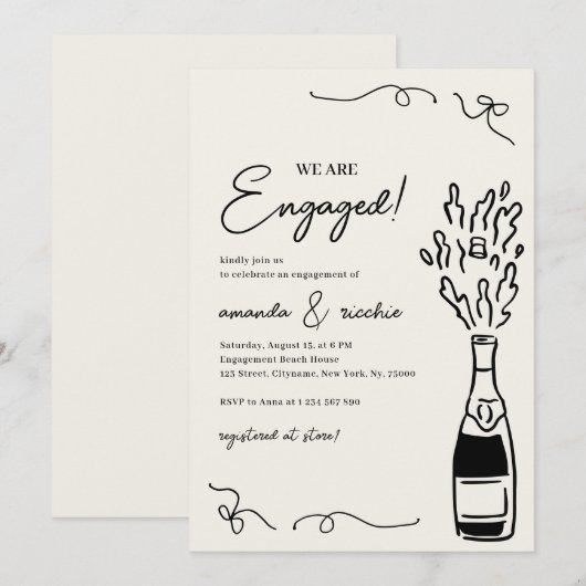 手描きのシャンパン 結婚発表 パーティー 招待状 (正面/裏面)