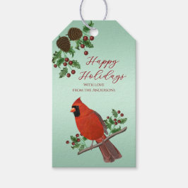 手描きのショウジョウコウカチョウとグリーン|クリスマス ギフトタグ