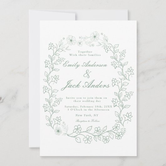 手描きのシンプルな緑の花園でのウェディング セーブザデート (正面)