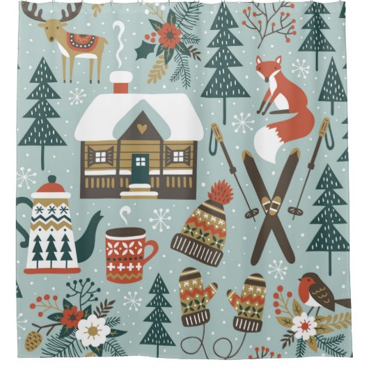 手描きのシームレスなヴィンテージパターンとカワイルな前絵 シャワーカーテン (正面)