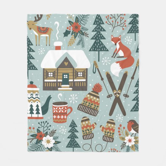 手描きのシームレスなヴィンテージパターンとカワイルな前絵 フリースブランケット (正面)