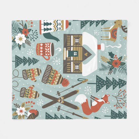 手描きのシームレスなヴィンテージパターンとカワイルな前絵 フリースブランケット (正面(横))