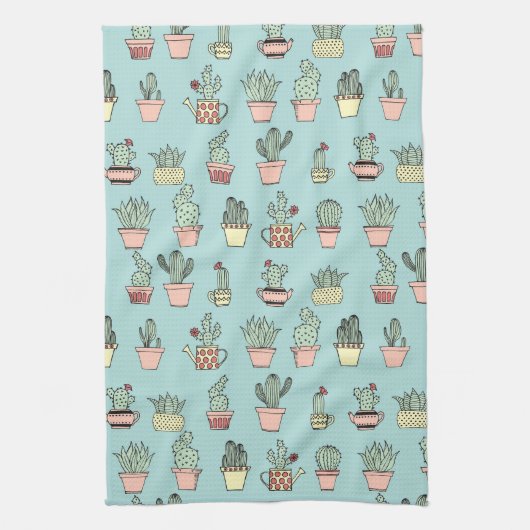 手描きのスタイルパターンのカラフルでかわいいサボテン キッチンタオル (縦)