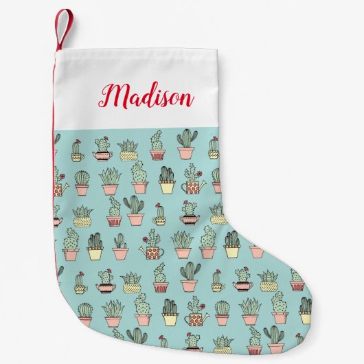 手描きのスタイルパターンのカラフルでかわいいサボテン スモールクリスマスストッキング (正面)