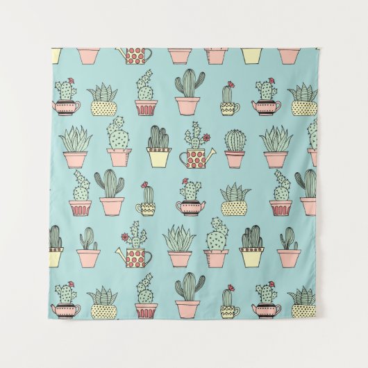 手描きのスタイルパターンのカラフルでかわいいサボテン タペストリー (正面(横))