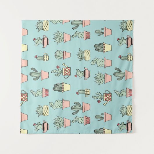 手描きのスタイルパターンのカラフルでかわいいサボテン タペストリー (正面)