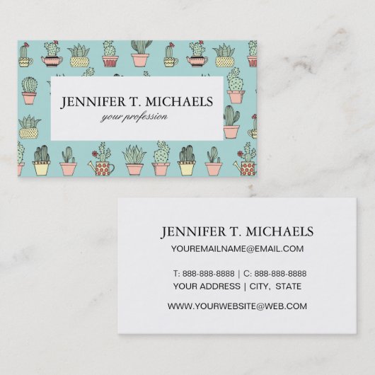 手描きのスタイルパターンのカラフルでかわいいサボテン 名刺 (正面/裏面)