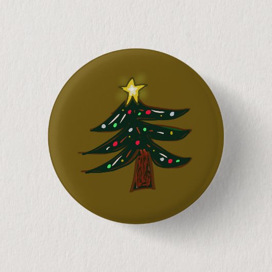 手描きのスター付きクリスマスツリー  缶バッジ (正面)